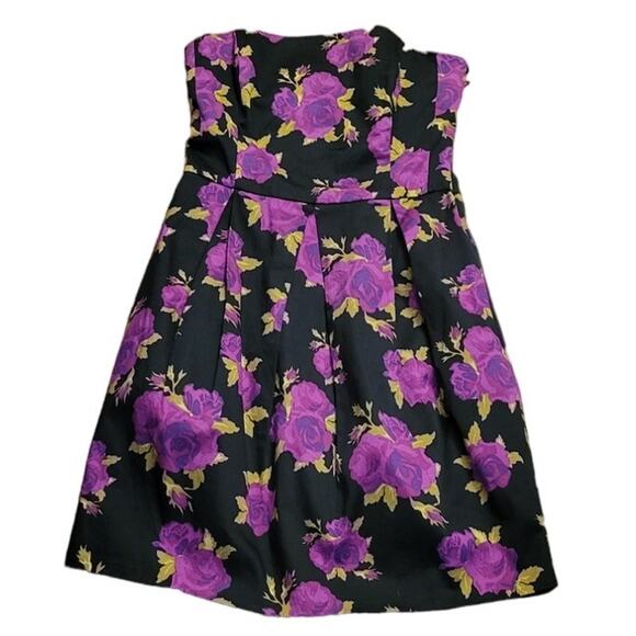 Black & Purple Rose Print Strapless Corset Top Pleated Cocktail Mini Dress - S - Picture 1 of 8